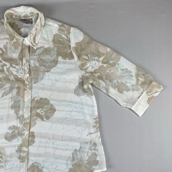 Chico's Floral Print Collared 3/4 Sleeve Blouse Women's 3 / XL Sheer White - Picture 11 of 13